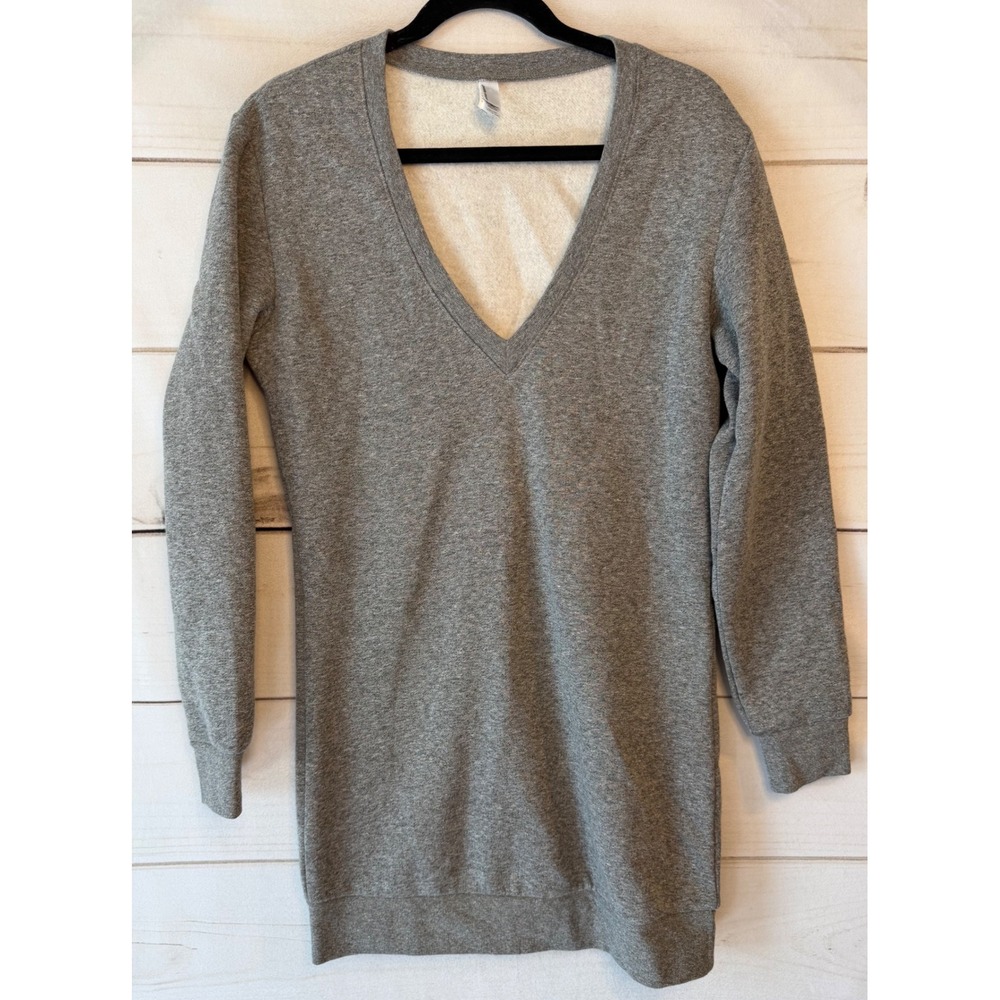 American Apparel Womens Heather Gray Deep V-Neck Fleece Sweatshirt Tunic Small